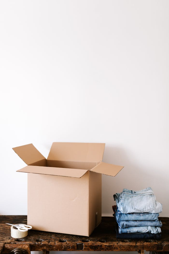 gallery-3 Opened carton box and stacked jeans placed on shabby wooden table near tape and scissors against white wall before relocation