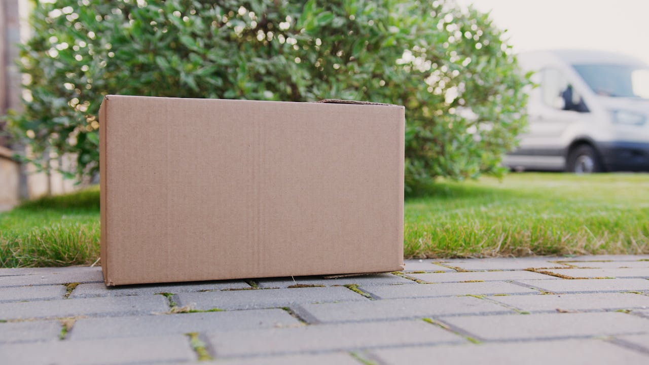 ours-journey A close-up of a cardboard box on a driveway, ideal for delivery themes.