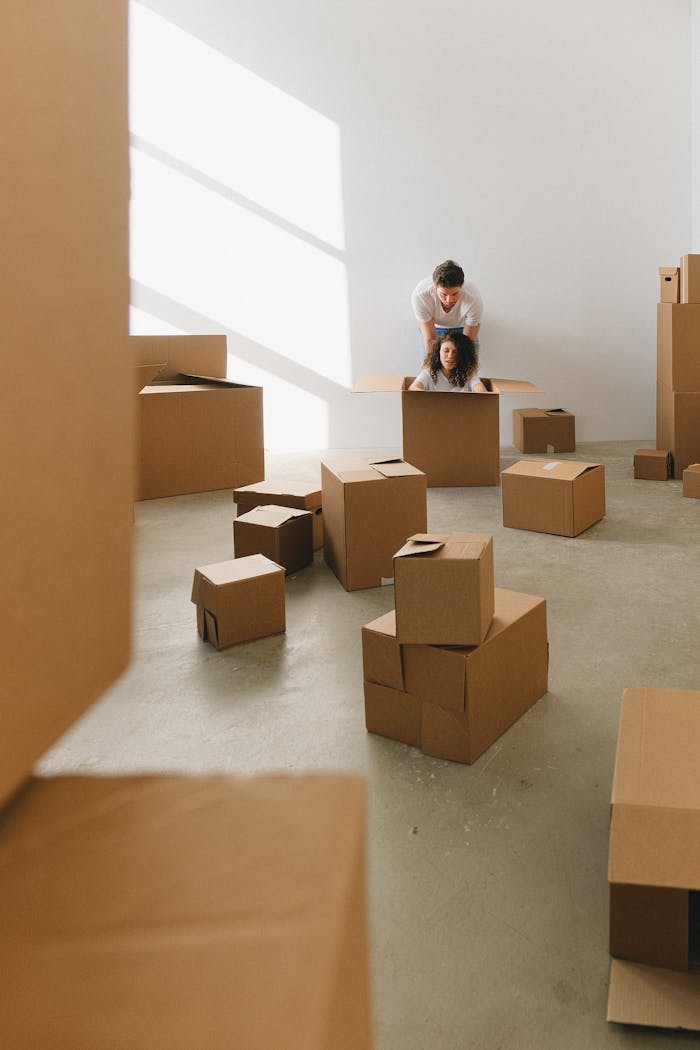 A man and woman playing in cardboard boxes during a move. Bright, indoor setting.